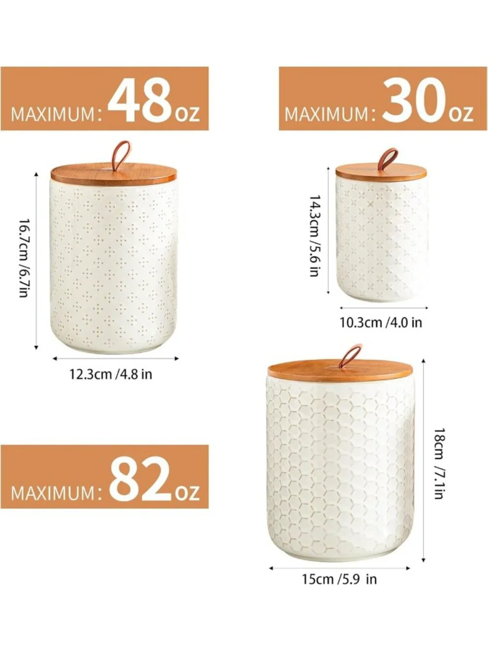 Airtight White Ceramic Canister Set with Wooden Lids - 3-Piece Kitchen Storage